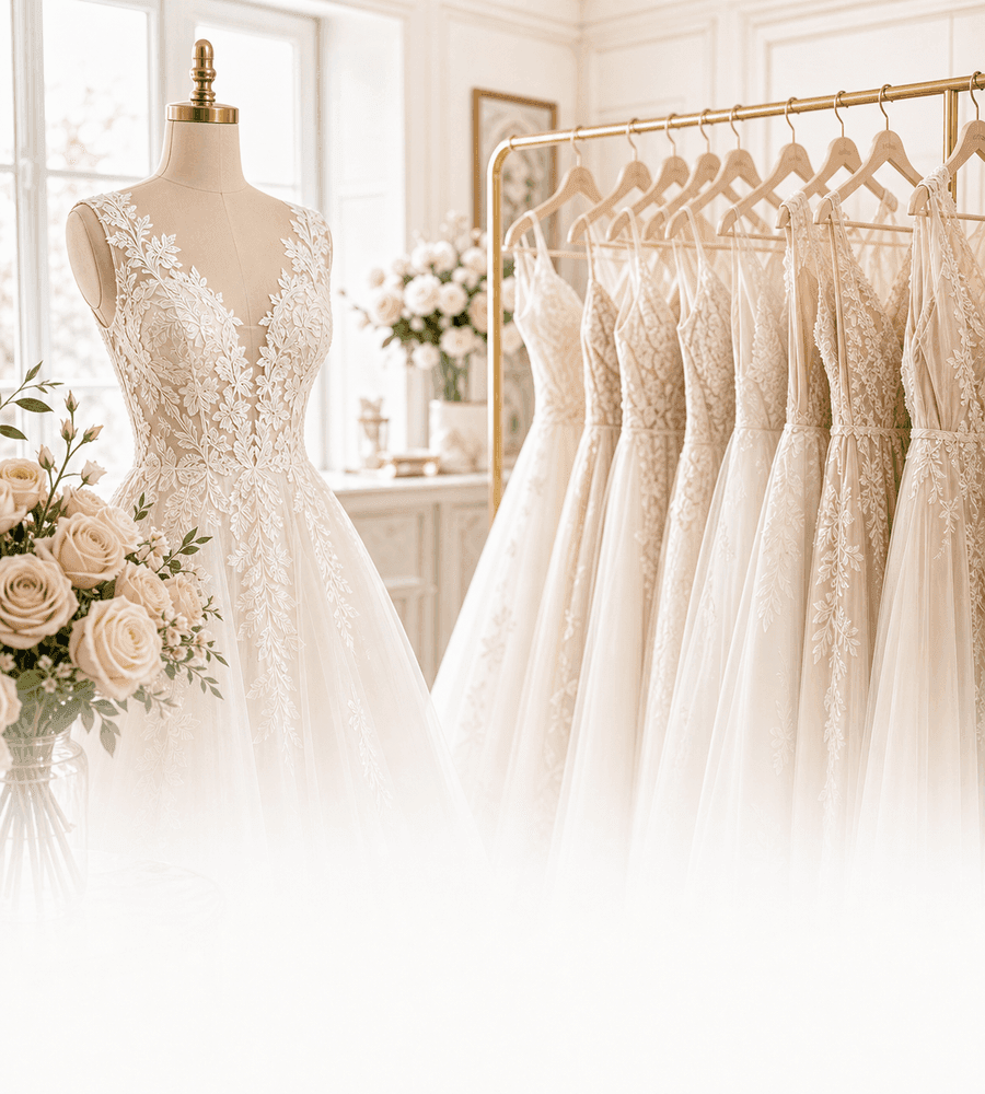 Wedding dresses in a bright bridal showroom